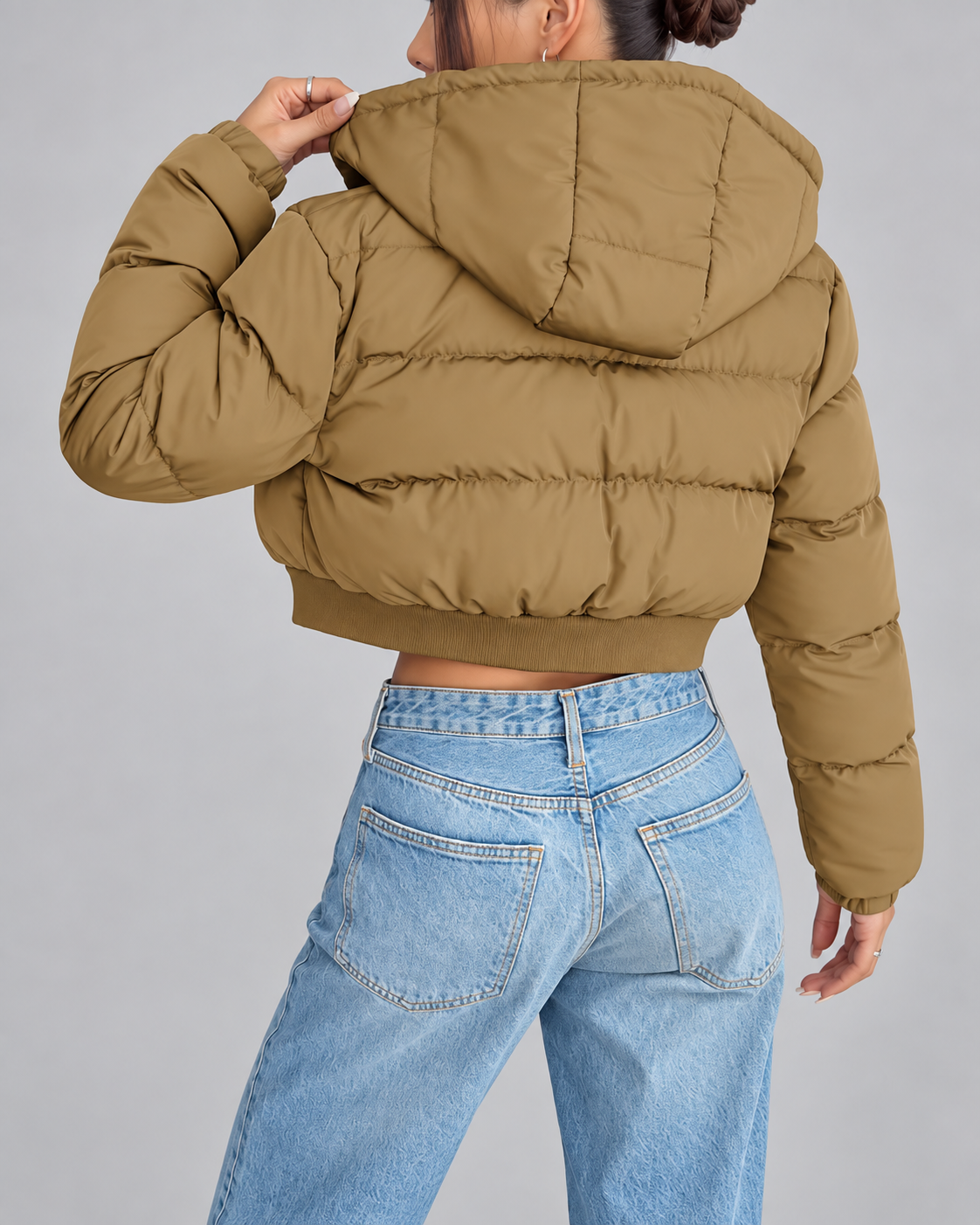 Women's Cropped Puffer Jacket with Hood and Zip Front