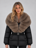 Women's Belted Puffer Jacket with Oversized Faux Fur Collar and Zip Front in Black – Front View