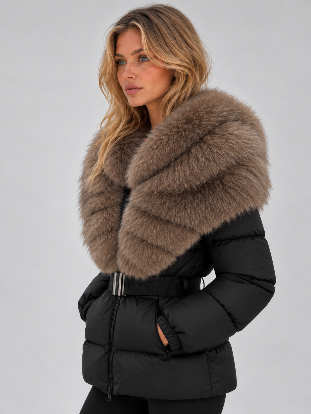 Women's Belted Puffer Jacket with Oversized Faux Fur Collar and Zip Front in Black – Side View