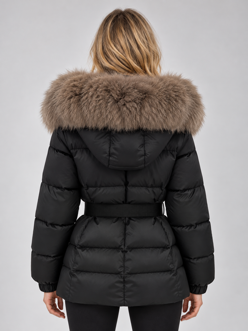 Women's Belted Puffer Jacket with Oversized Faux Fur Collar and Zip Front in Black – Back View