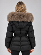 Women's Belted Puffer Jacket with Oversized Faux Fur Collar and Zip Front in Black – Back View