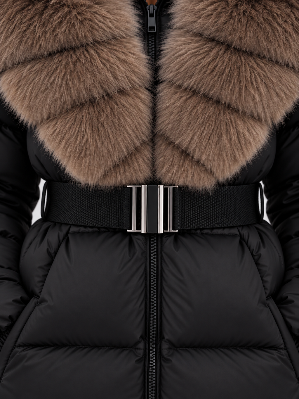 Women's Belted Puffer Jacket with Oversized Faux Fur Collar and Zip Front in Black – Detail View
