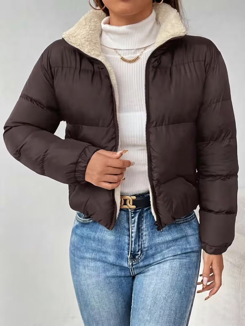 Women's Cropped Puffer Jacket with Zip Front and Fleece Collar