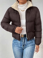 Women's Cropped Puffer Jacket with Zip Front and Fleece Collar