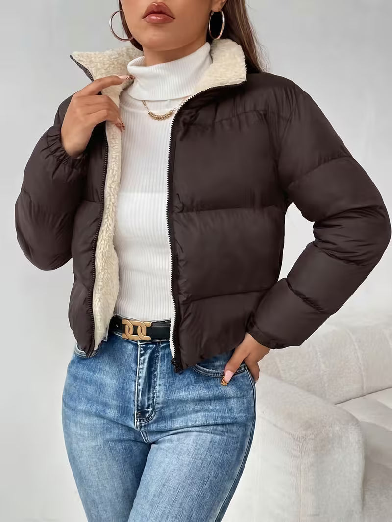 Women's Cropped Puffer Jacket with Zip Front and Fleece Collar