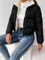 Women's Cropped Puffer Jacket with Zip Front and Fleece Collar
