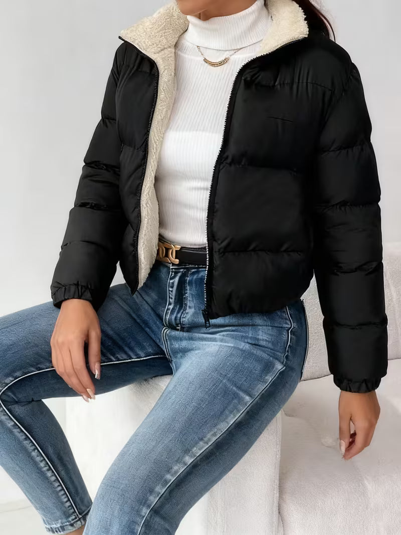 Women's Cropped Puffer Jacket with Zip Front and Fleece Collar