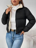 Women's Cropped Puffer Jacket with Zip Front and Fleece Collar