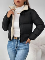 Women's Cropped Puffer Jacket with Zip Front and Fleece Collar