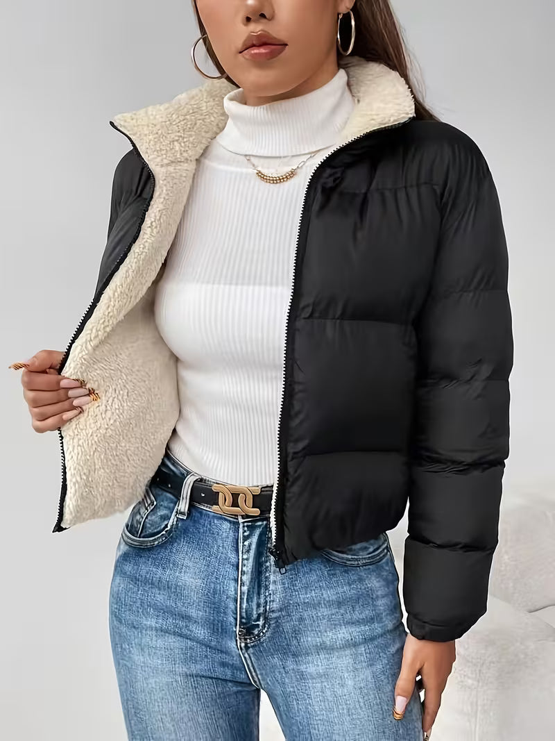 Women's Cropped Puffer Jacket with Zip Front and Fleece Collar