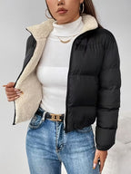 Women's Cropped Puffer Jacket with Zip Front and Fleece Collar
