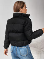 Women's Cropped Puffer Jacket with Zip Front and Fleece Collar