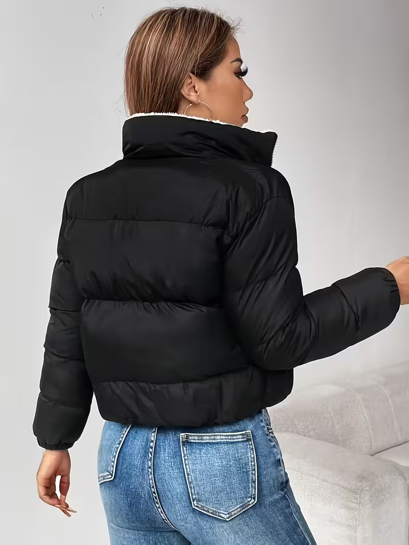Women's Cropped Puffer Jacket with Zip Front and Fleece Collar