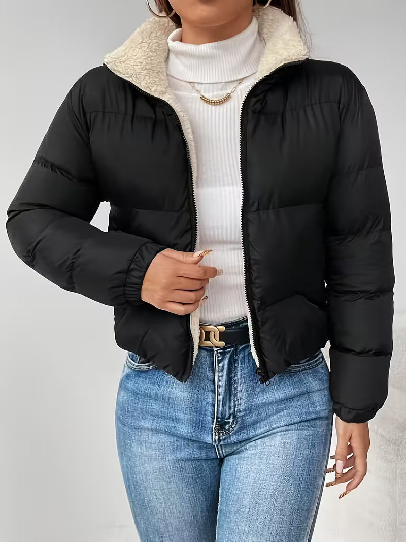 Women's Cropped Puffer Jacket with Zip Front and Fleece Collar