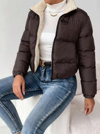 Women's Cropped Puffer Jacket with Zip Front and Fleece Collar