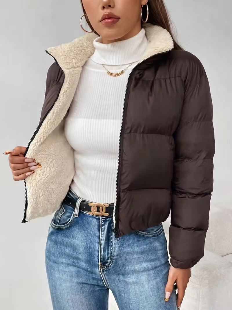 Women's Cropped Puffer Jacket with Zip Front and Fleece Collar