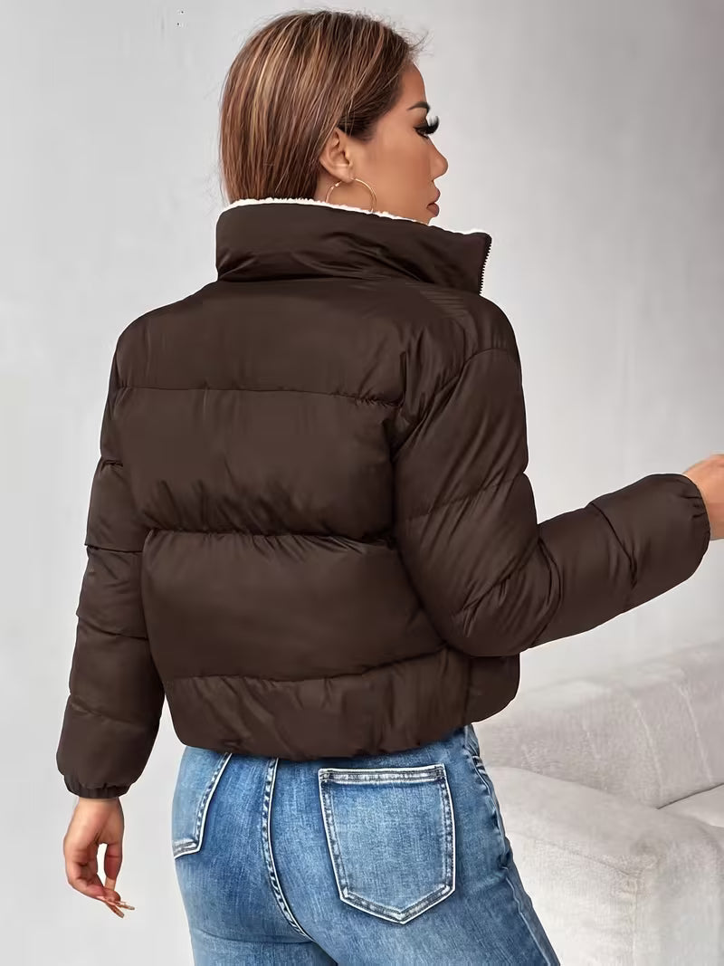 Women's Cropped Puffer Jacket with Zip Front and Fleece Collar