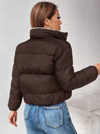 Women's Cropped Puffer Jacket with Zip Front and Fleece Collar