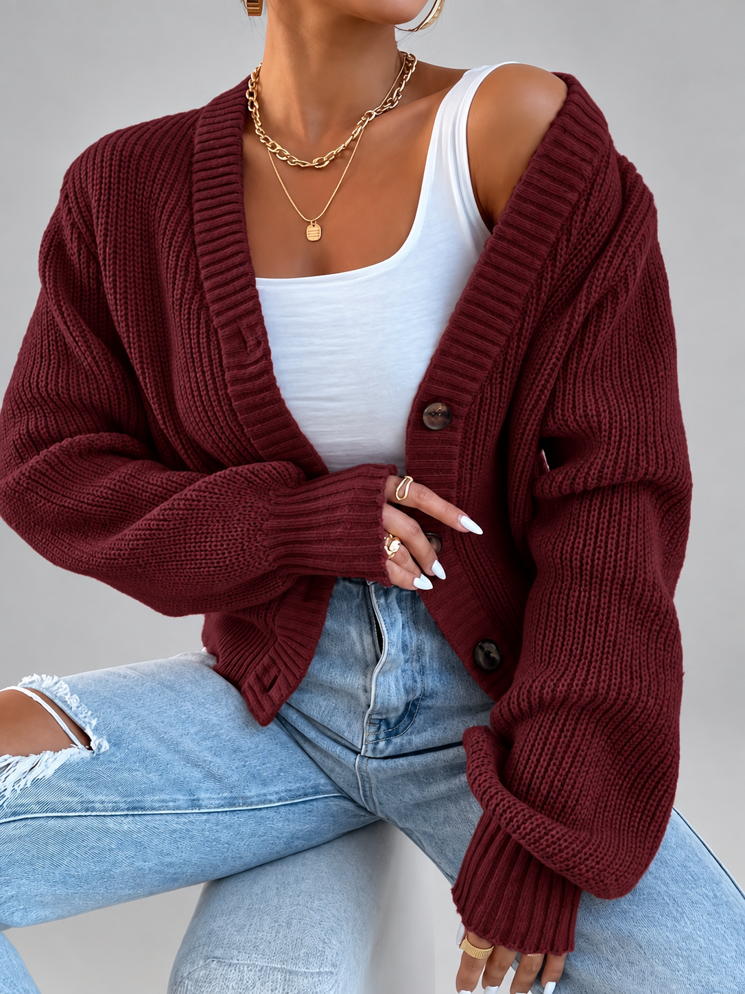 Women's Cropped Ribbed Knit Cardigan with V-Neck and Button Front