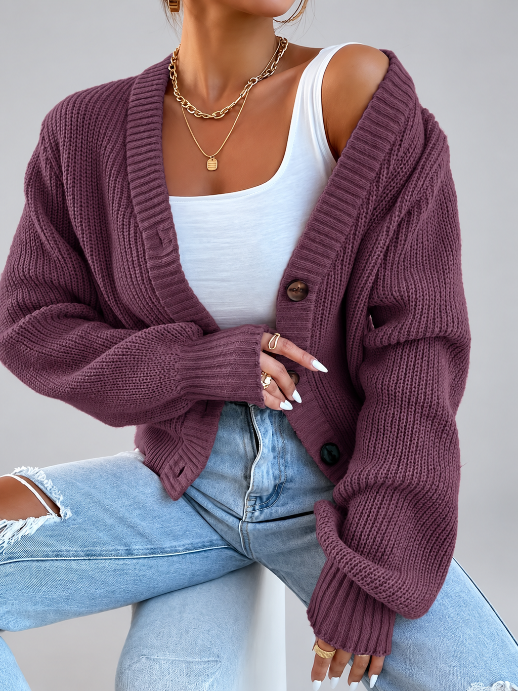Women's Cropped Ribbed Knit Cardigan with V-Neck and Button Front
