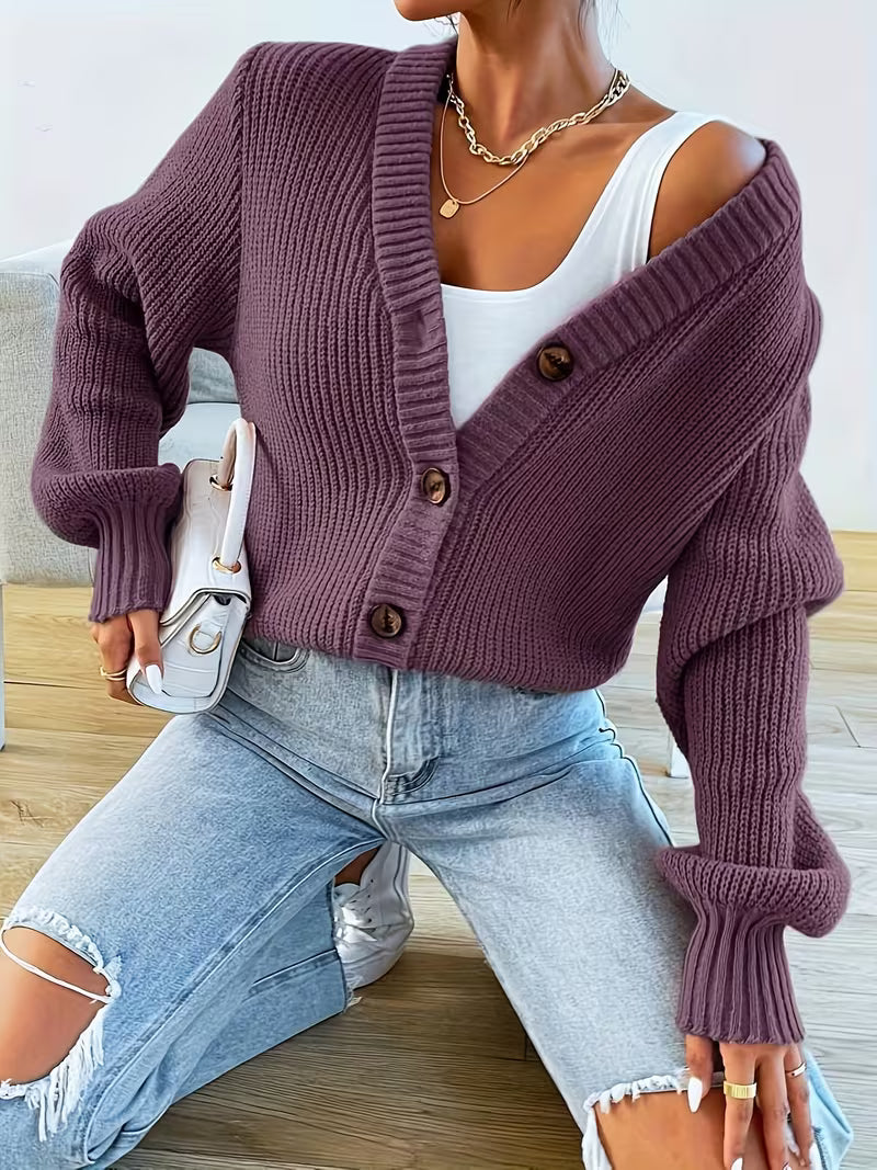 Women's Cropped Ribbed Knit Cardigan with V-Neck and Button Front