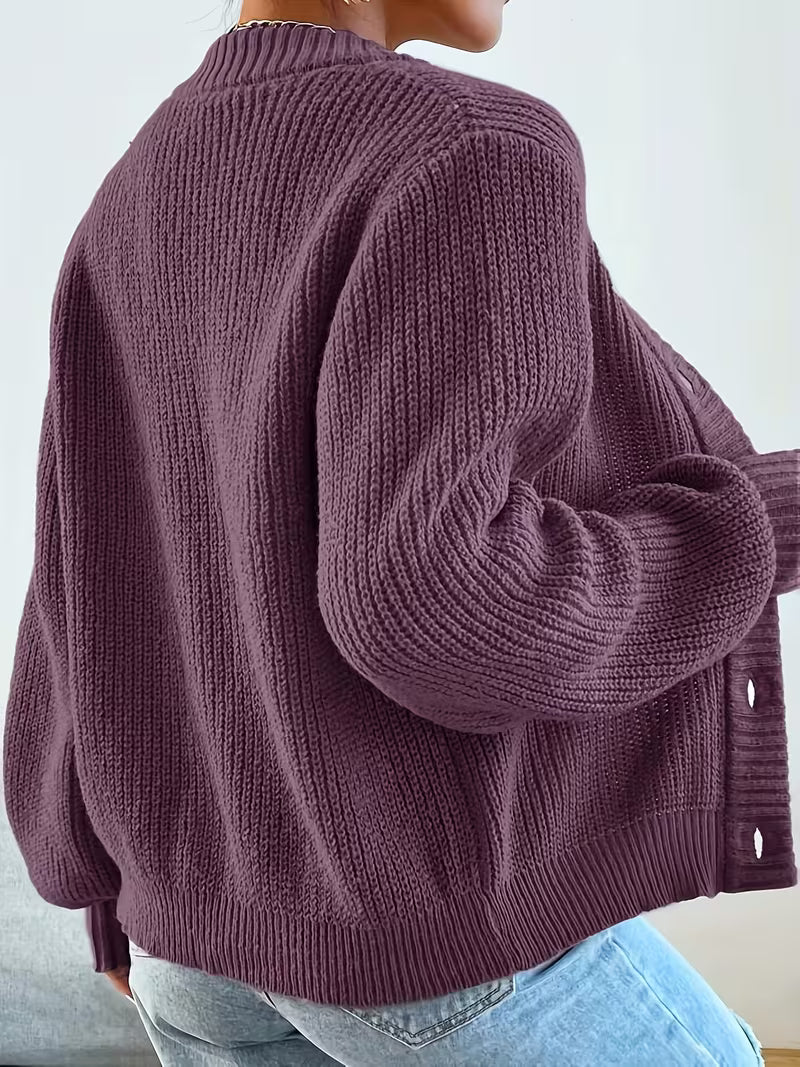 Women's Cropped Ribbed Knit Cardigan with V-Neck and Button Front