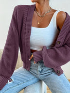 Women's Cropped Ribbed Knit Cardigan with V-Neck and Button Front