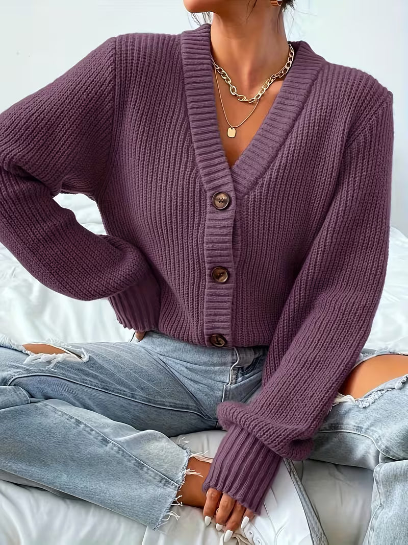 Women's Cropped Ribbed Knit Cardigan with V-Neck and Button Front