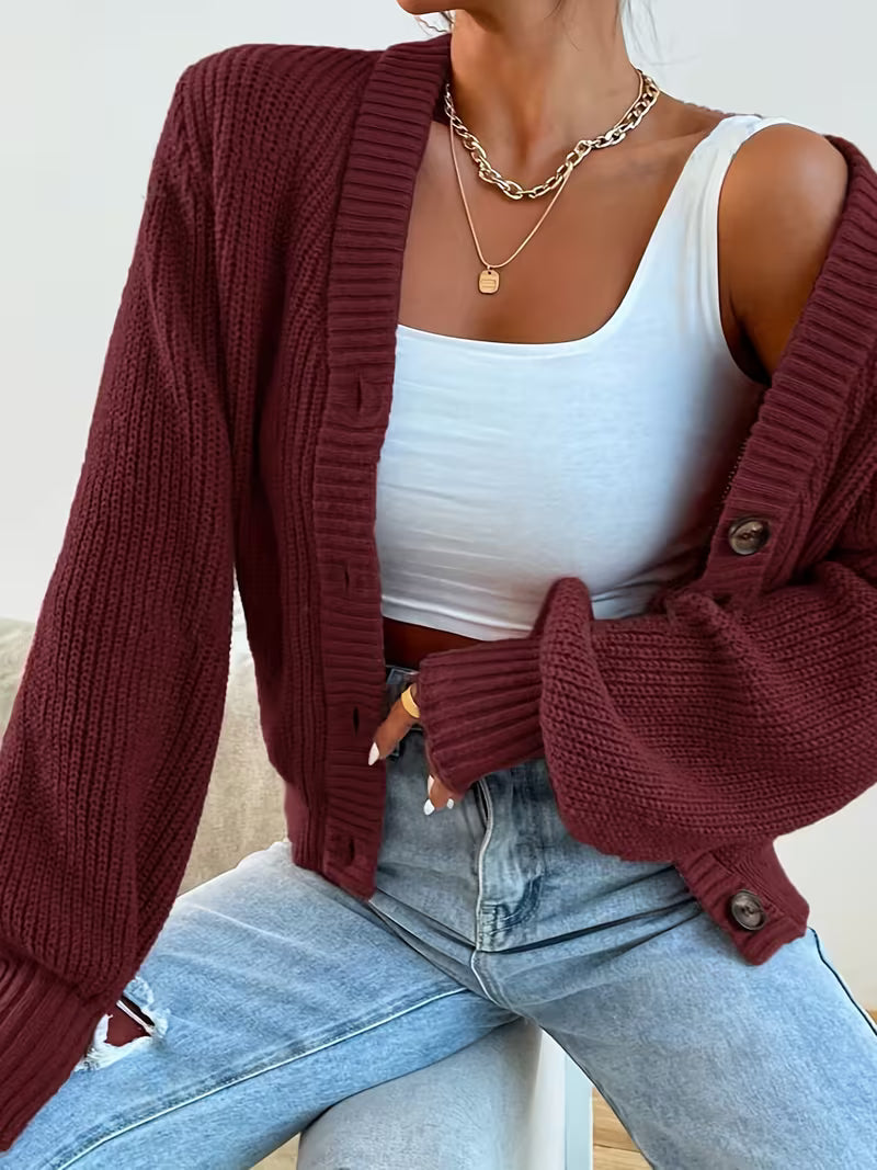 Women's Cropped Ribbed Knit Cardigan with V-Neck and Button Front