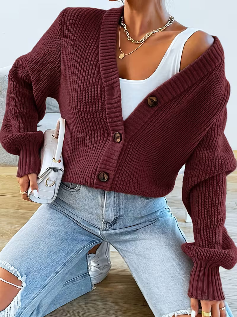 Women's Cropped Ribbed Knit Cardigan with V-Neck and Button Front
