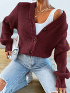 Women's Cropped Ribbed Knit Cardigan with V-Neck and Button Front