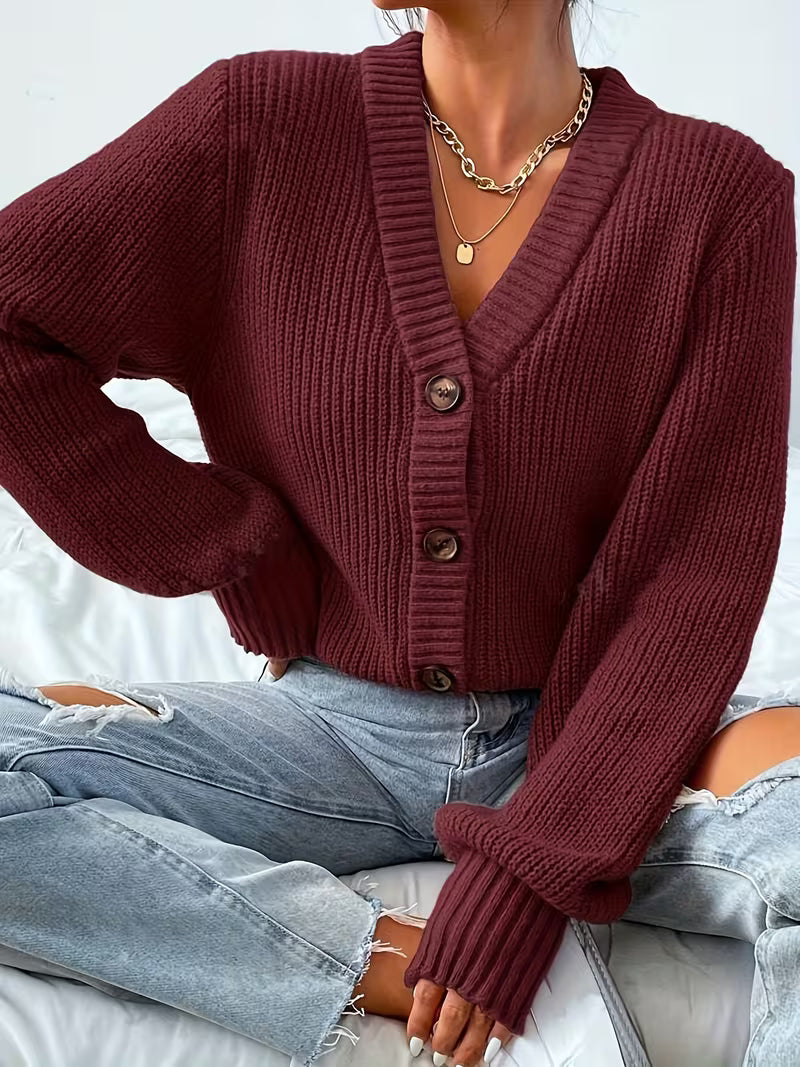 Women's Cropped Ribbed Knit Cardigan with V-Neck and Button Front