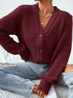 Women's Cropped Ribbed Knit Cardigan with V-Neck and Button Front