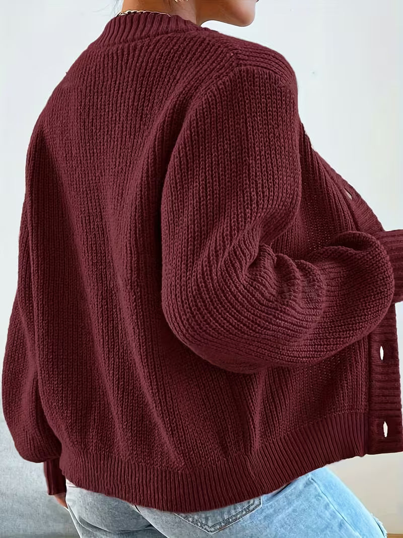 Women's Cropped Ribbed Knit Cardigan with V-Neck and Button Front