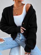 Women's Cropped Ribbed Knit Cardigan with V-Neck and Button Front
