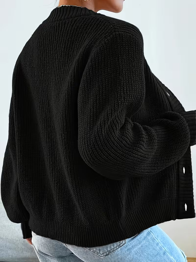 Women's Cropped Ribbed Knit Cardigan with V-Neck and Button Front