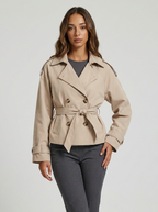 Women's Cropped Trench Coat with Double Breasted Front and Belted Waist