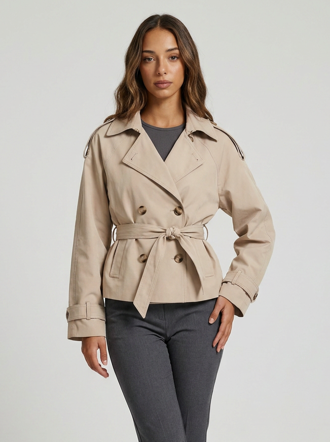 Women's Cropped Trench Coat with Double Breasted Front and Belted Waist