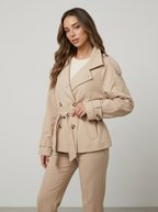 Women's Cropped Trench Coat with Double Breasted Front and Belted Waist