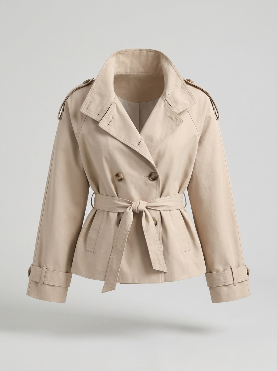 Women's Cropped Trench Coat with Double Breasted Front and Belted Waist