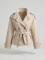 Women's Cropped Trench Coat with Double Breasted Front and Belted Waist