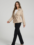 Women's Cropped Trench Coat with Double Breasted Front and Belted Waist