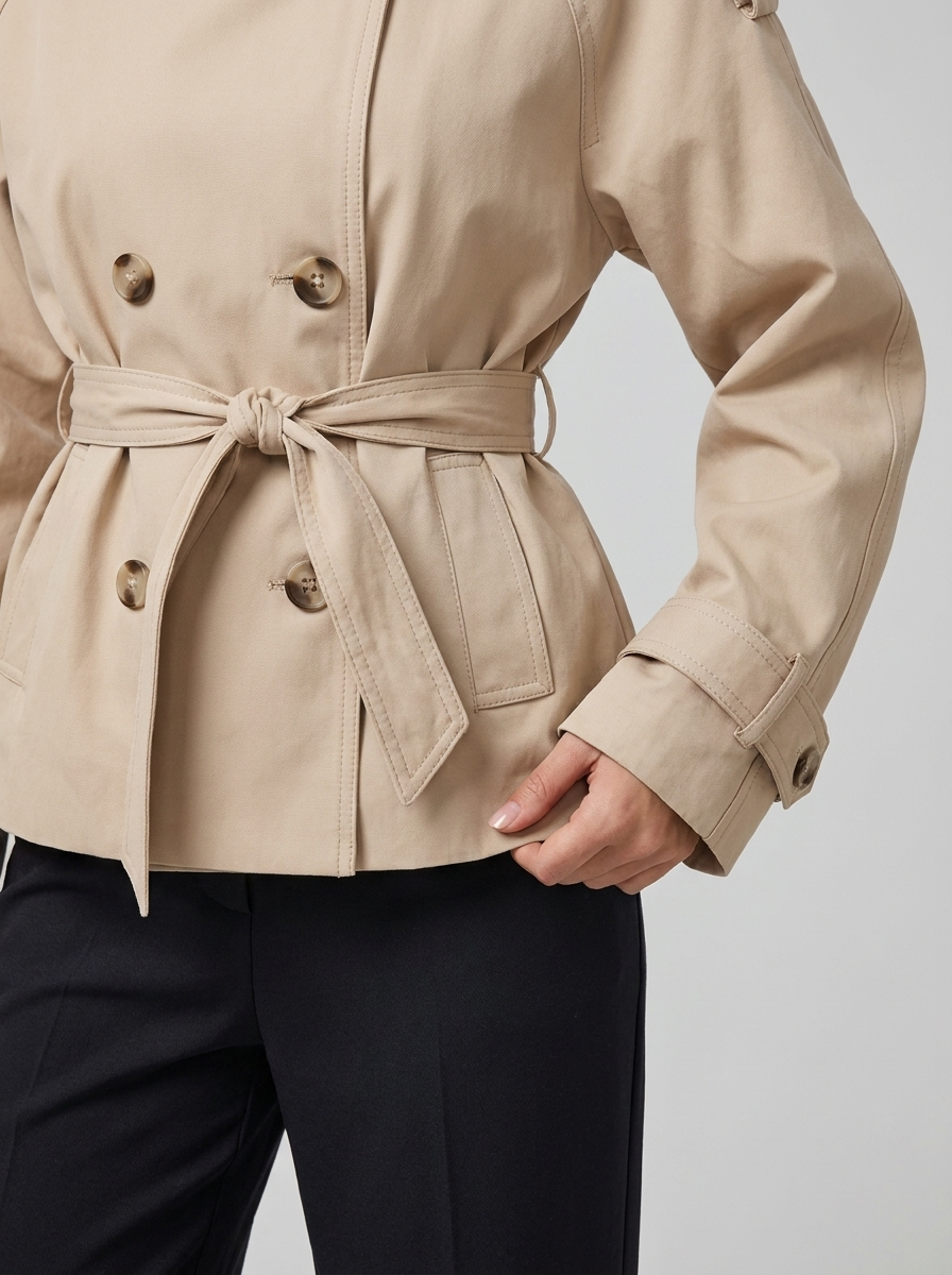 Women's Cropped Trench Coat with Double Breasted Front and Belted Waist