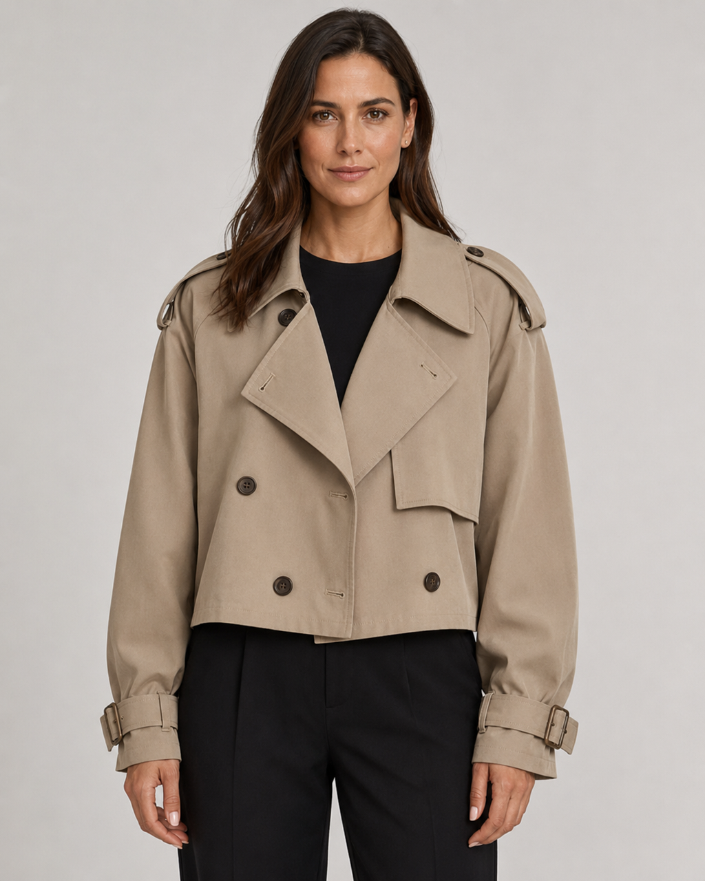 Women's Cropped Trench Coat with Double Breasted Front and Buckle Cuffs