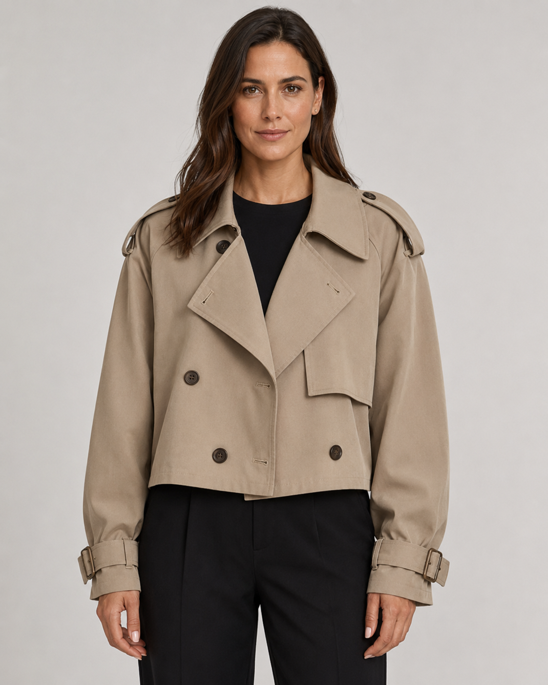 Women's Cropped Trench Coat with Double Breasted Front and Buckle Cuffs