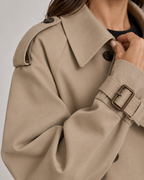 Women's Cropped Trench Coat with Double Breasted Front and Buckle Cuffs