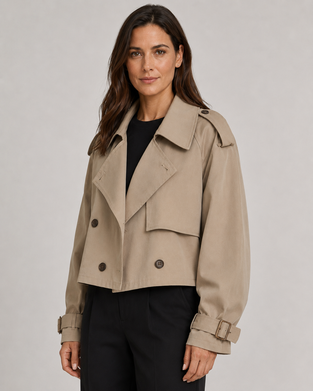 Women's Cropped Trench Coat with Double Breasted Front and Buckle Cuffs