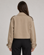 Women's Cropped Trench Coat with Double Breasted Front and Buckle Cuffs