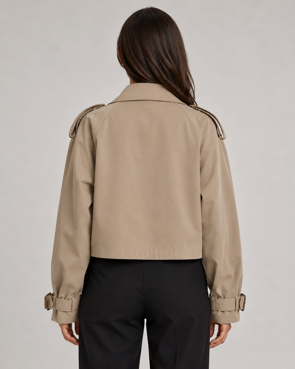 Women's Cropped Trench Coat with Double Breasted Front and Buckle Cuffs