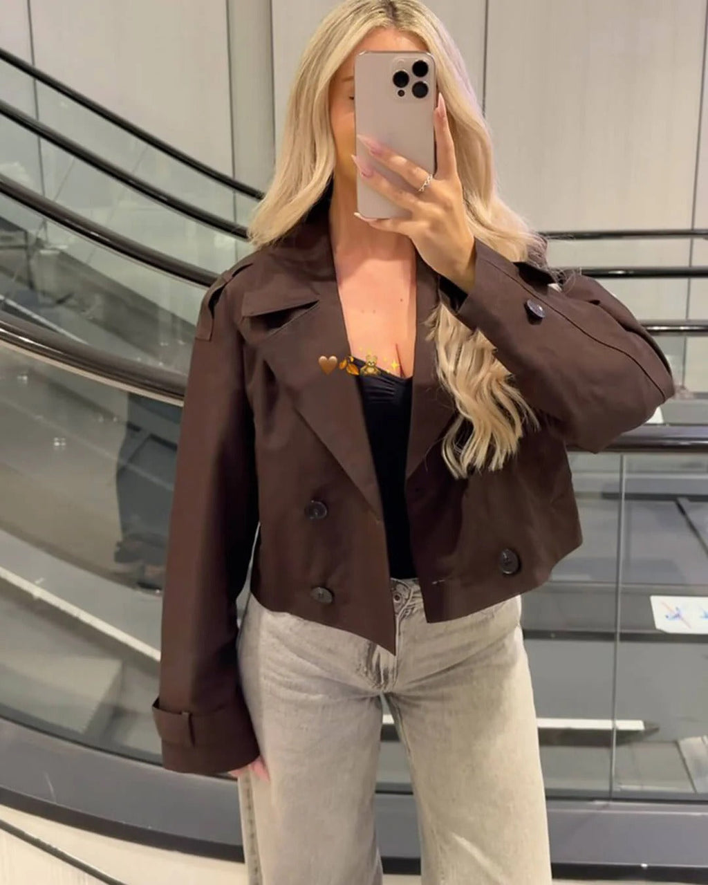 Women's Cropped Trench Coat with Double Breasted Front and Lapel Collar